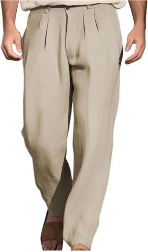 Linen Pants for Men Pleated Front Trouser Straight Leg Suit Trousers Classic Solid Office Trouser Lightweight Pant