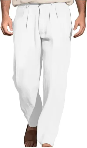 Linen Pants for Men Pleated Front Trouser Straight Leg Suit Trousers Classic Solid Office Trouser Lightweight Pant