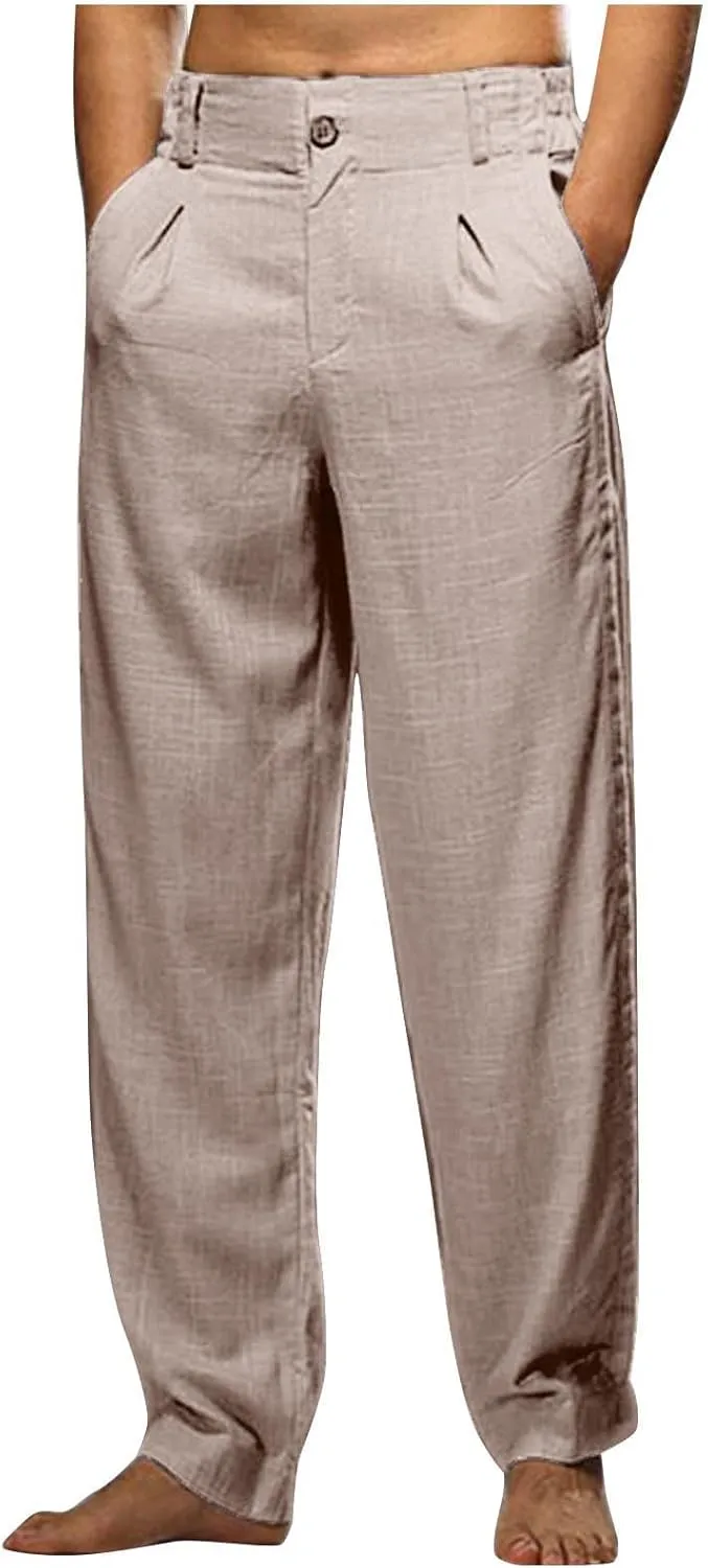 Linen Pants for Men Pleated Front Trouser Straight Leg Suit Trousers Solid Color Office Trouser Lightweight Pant