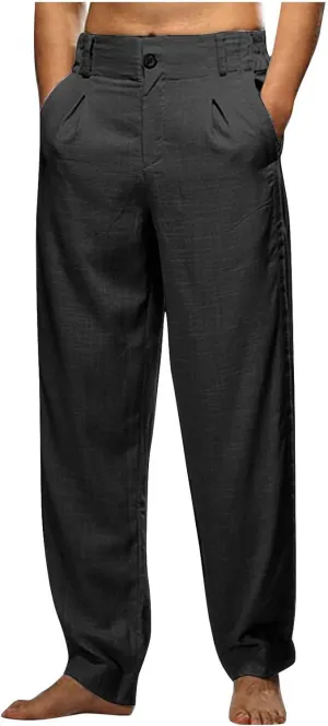 Linen Pants for Men Pleated Front Trouser Straight Leg Suit Trousers Solid Color Office Trouser Lightweight Pant