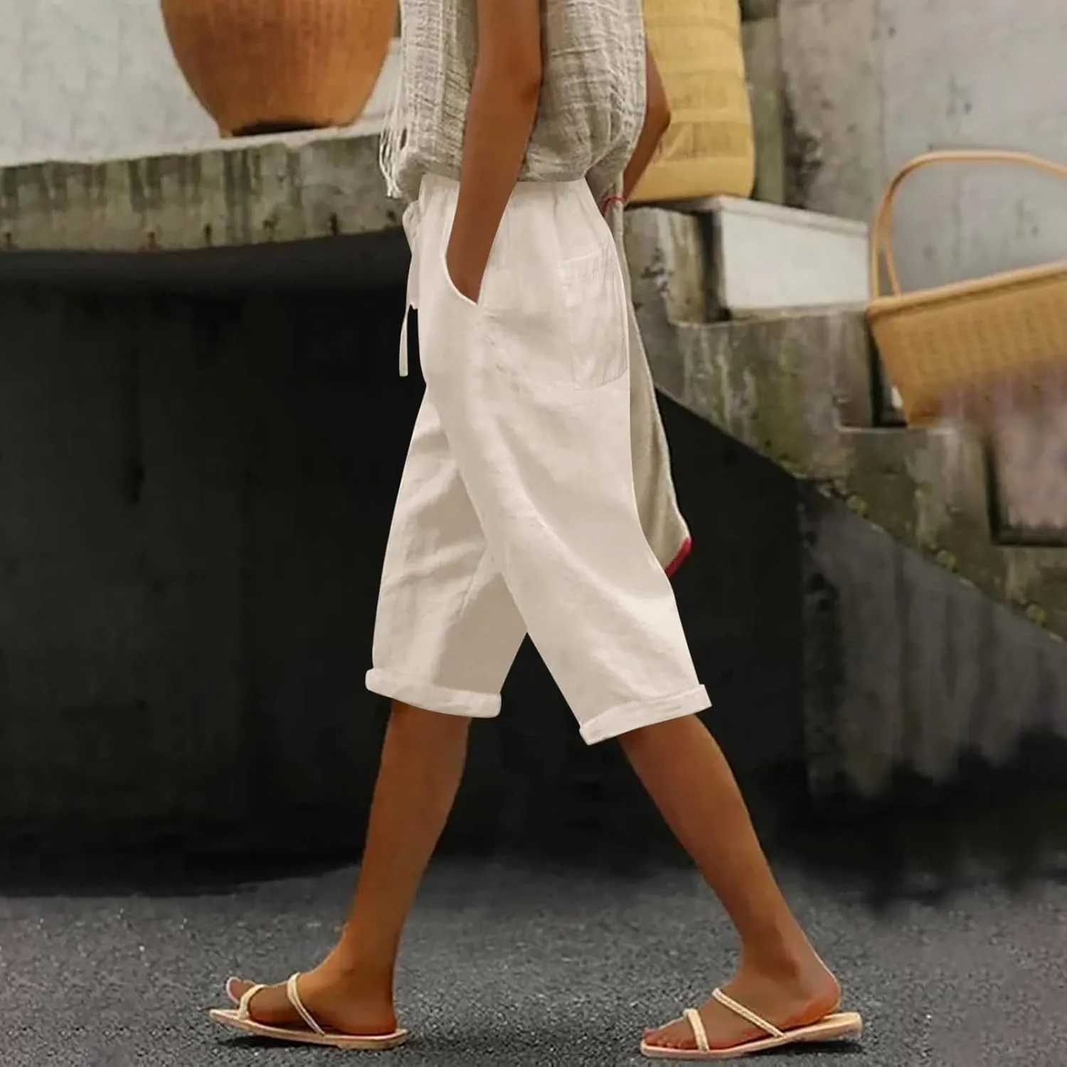 Linen Pants Women Drawstring Elastic Waist Capri Trouser 2025 Summer Boho Beach Cotton Cropped Pant with Pocket