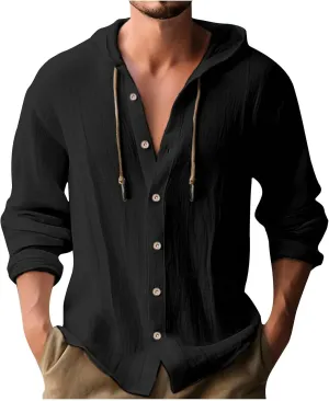 Linen Shirts for Men Casual Button Shirts Summer Cotton Linen Drawstring Hoodie Beach Long Sleeve Shirts Top with Hood