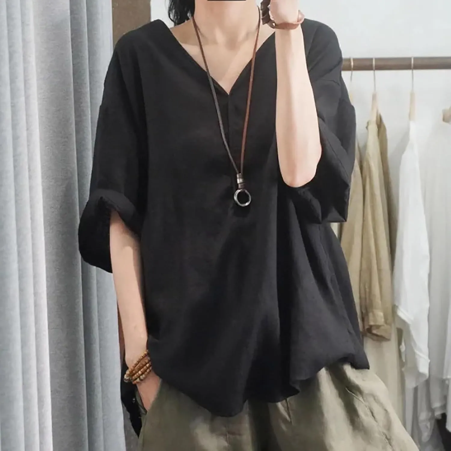 Linen Shirts for Women 2025 Summer Trendy Oversized V Neck Short Sleeve Tees Tops Casual Loose Fit Comfy Tunic Blouses
