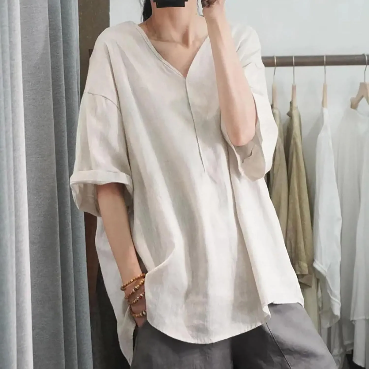 Linen Shirts for Women 2025 Summer Trendy Oversized V Neck Short Sleeve Tees Tops Casual Loose Fit Comfy Tunic Blouses