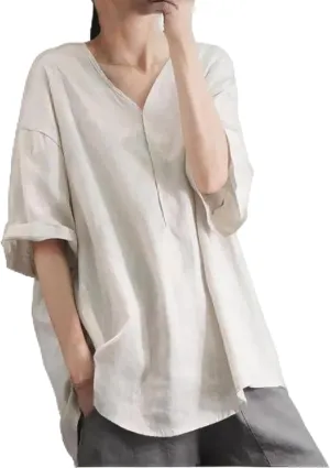 Linen Shirts for Women 2025 Summer Trendy Oversized V Neck Short Sleeve Tees Tops Casual Loose Fit Comfy Tunic Blouses