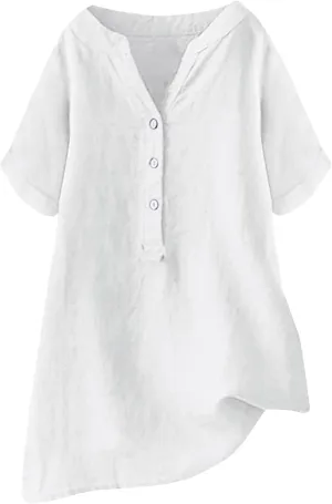 Linen Shirts for Women Loose Fit Short Sleeve Tops Dressy Casual Button V Neck Tunic Tops Plain Blouses for Leggings