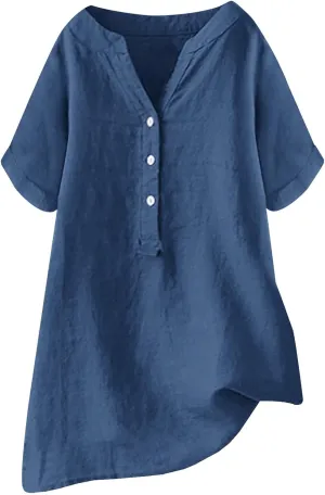 Linen Shirts for Women Loose Fit Short Sleeve Tops Dressy Casual Button V Neck Tunic Tops Plain Blouses for Leggings