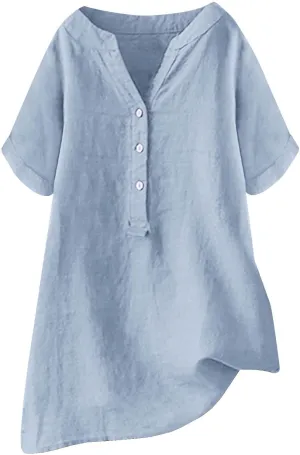 Linen Shirts for Women Loose Fit Short Sleeve Tops Dressy Casual Button V Neck Tunic Tops Plain Blouses for Leggings