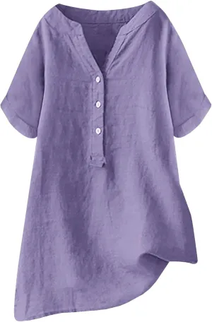 Linen Shirts for Women Loose Fit Short Sleeve Tops Dressy Casual Button V Neck Tunic Tops Plain Blouses for Leggings