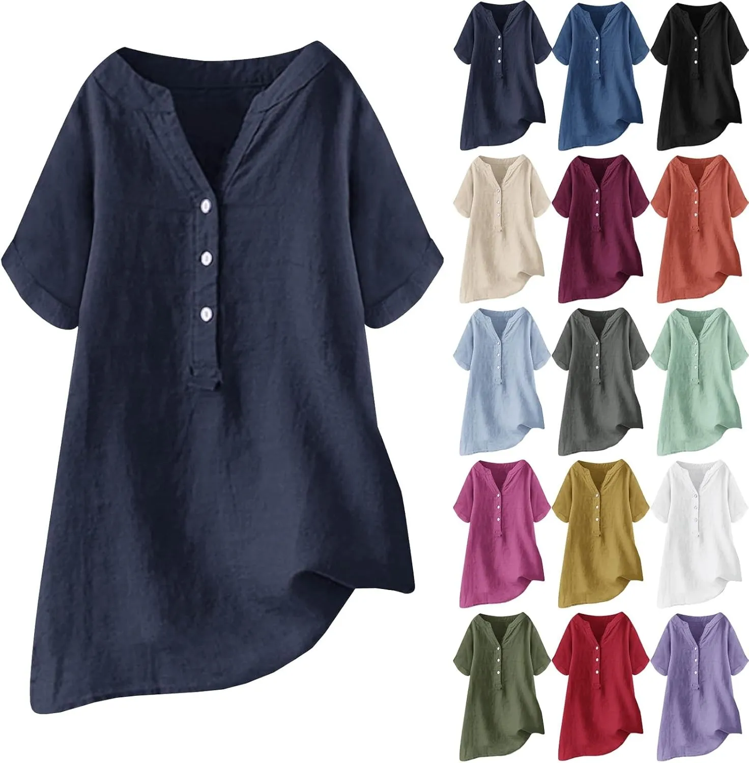Linen Shirts for Women Loose Fit Short Sleeve Tops Dressy Casual Button V Neck Tunic Tops Plain Blouses for Leggings