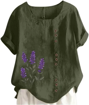 Linen Shirts for Women Printed Short Sleeve Button T-Shirt Blouse Top Casual Crewneck Cotton Linen Tee Shirts Blouses