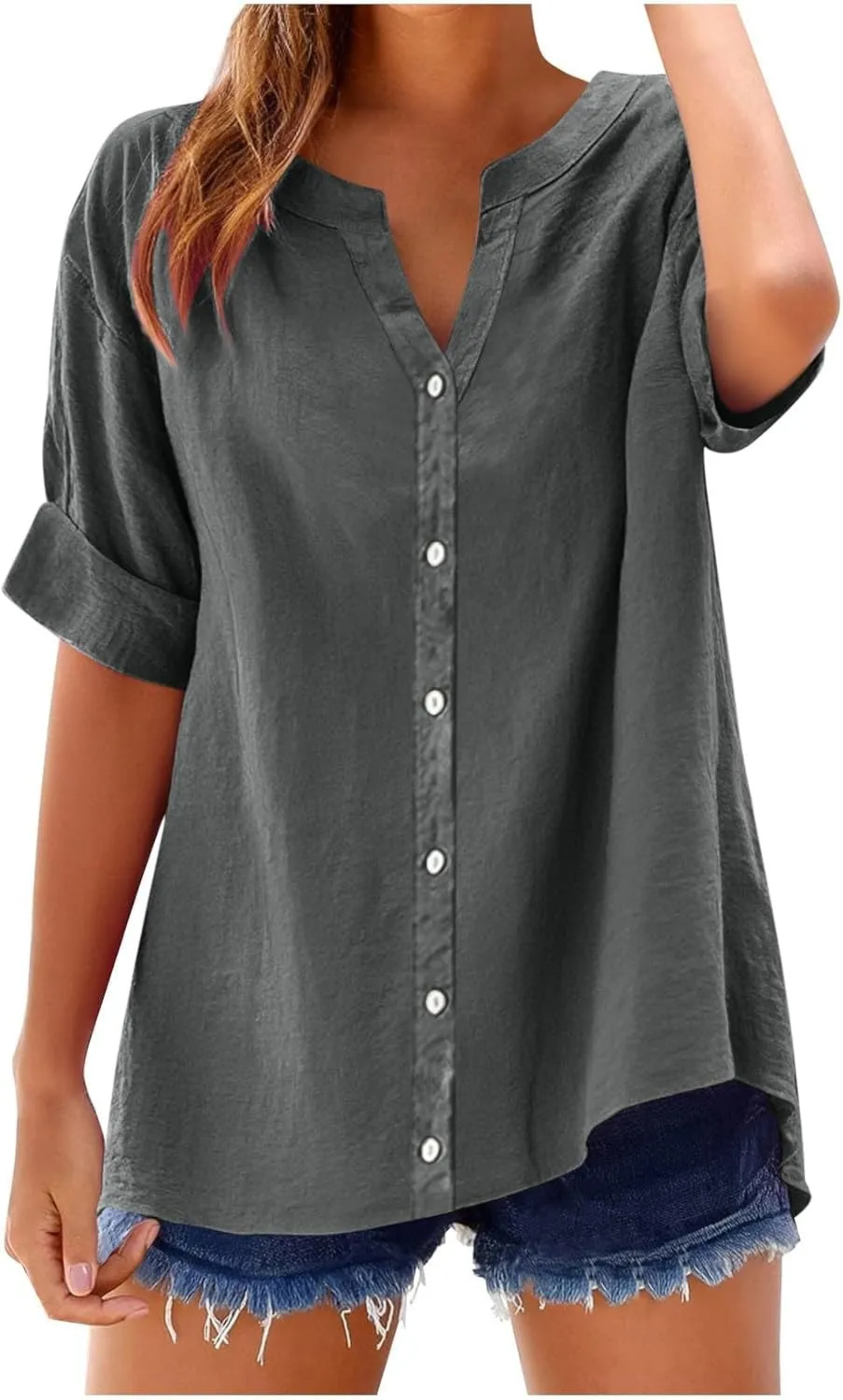 Linen Shirts for Women V Neck Button Down Blouse Roll Up Short Sleeve Tunics Vintage Beach Tops Travel Clothes