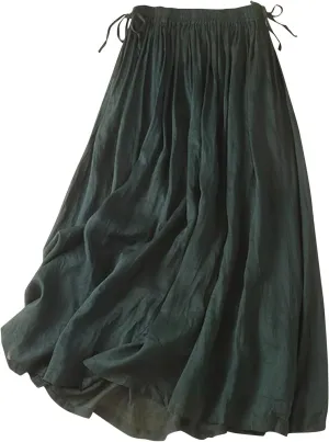 Linen Skirt Womens 2025 Summer Boho Midi Skirt Elastic High Waisted Flowy Swing A-Line Pleated Skirts