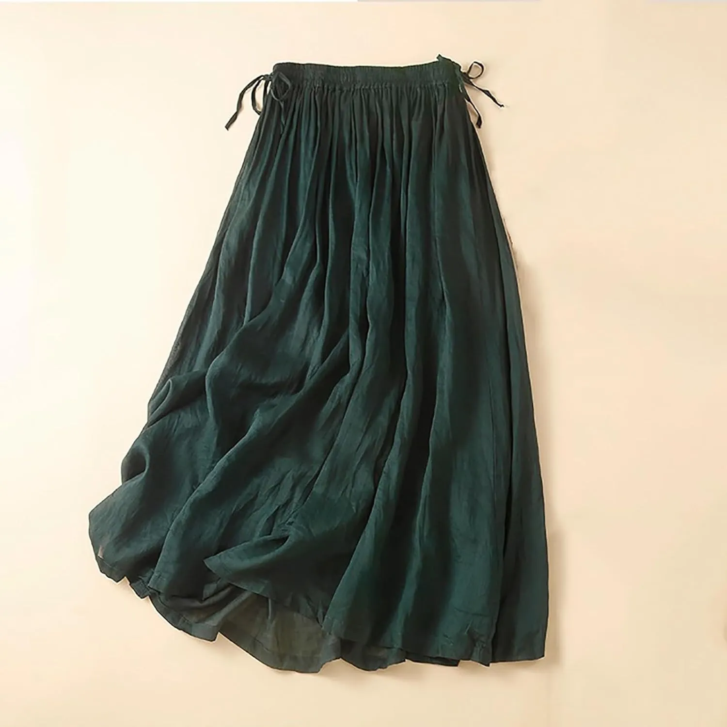 Linen Skirt Womens 2025 Summer Boho Midi Skirt Elastic High Waisted Flowy Swing A-Line Pleated Skirts