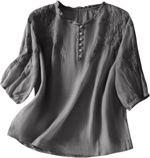 Linen Tops for Women Embroidered Graphic Print T-Shirt Solid Color Short Sleeve Summer Tops Crew Neck Button up Shirt
