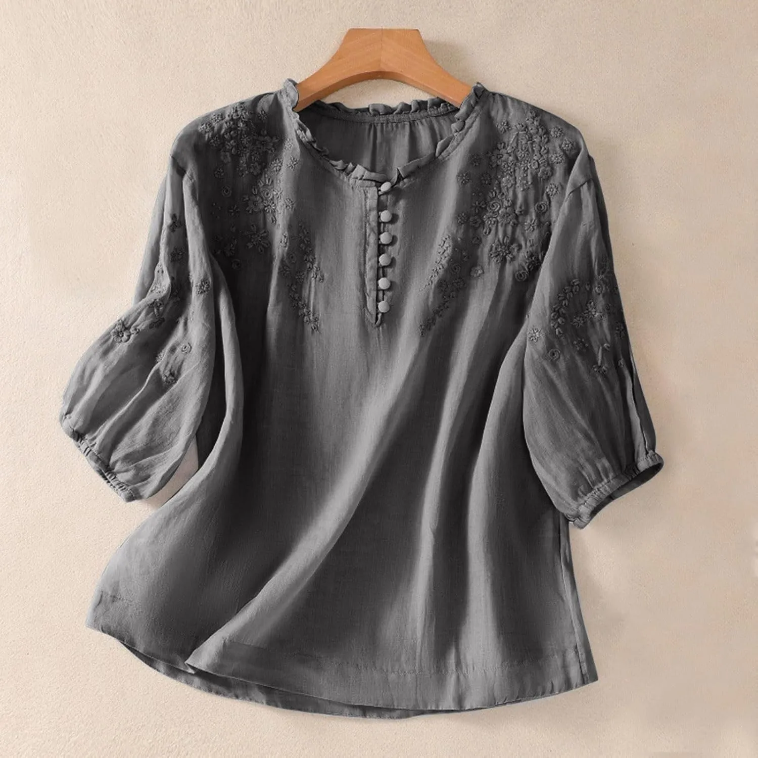 Linen Tops for Women Embroidered Graphic Print T-Shirt Solid Color Short Sleeve Summer Tops Crew Neck Button up Shirt