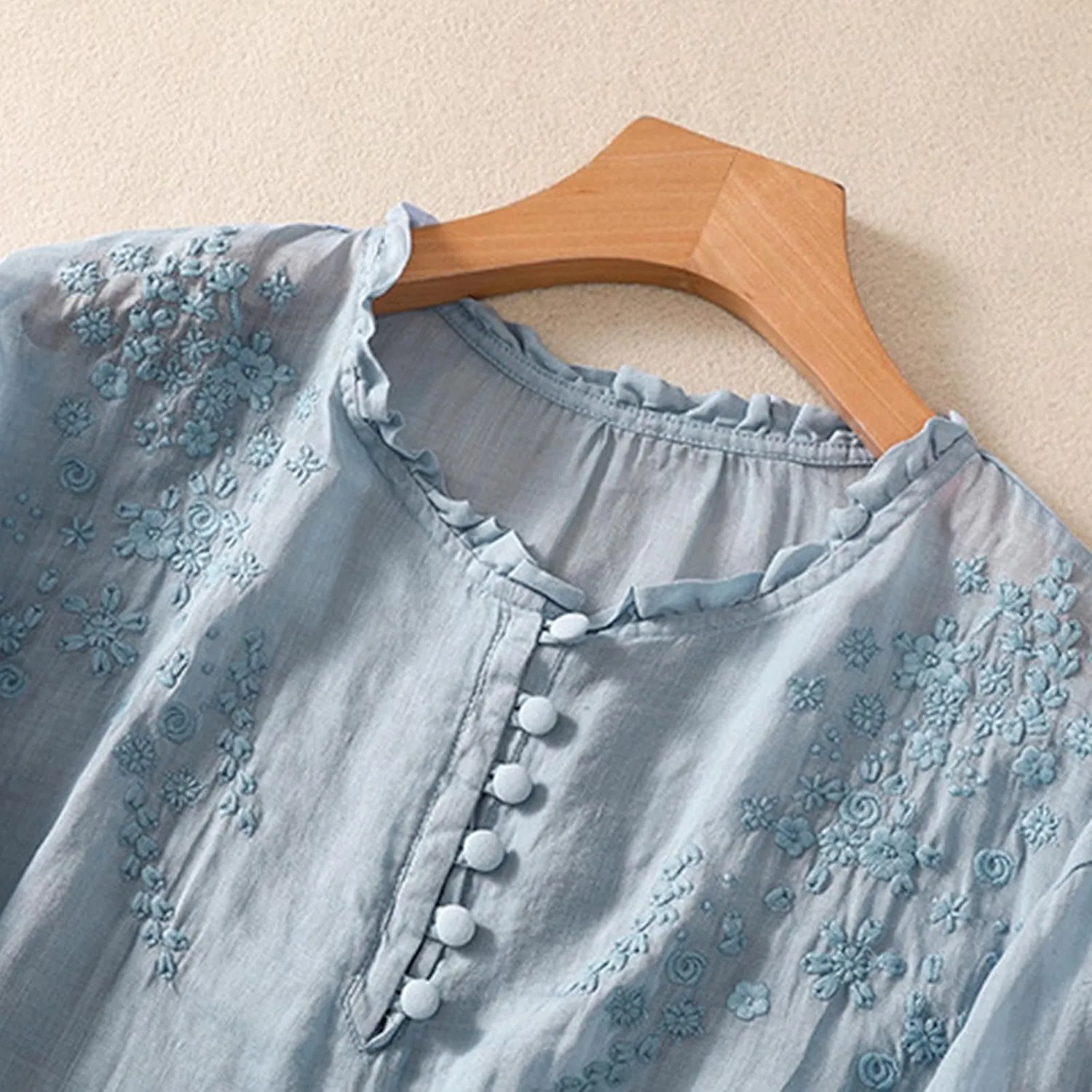 Linen Tops for Women Embroidered Graphic Print T-Shirt Solid Color Short Sleeve Summer Tops Crew Neck Button up Shirt