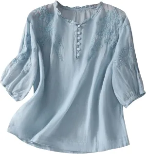 Linen Tops for Women Embroidered Graphic Print T-Shirt Solid Color Short Sleeve Summer Tops Crew Neck Button up Shirt
