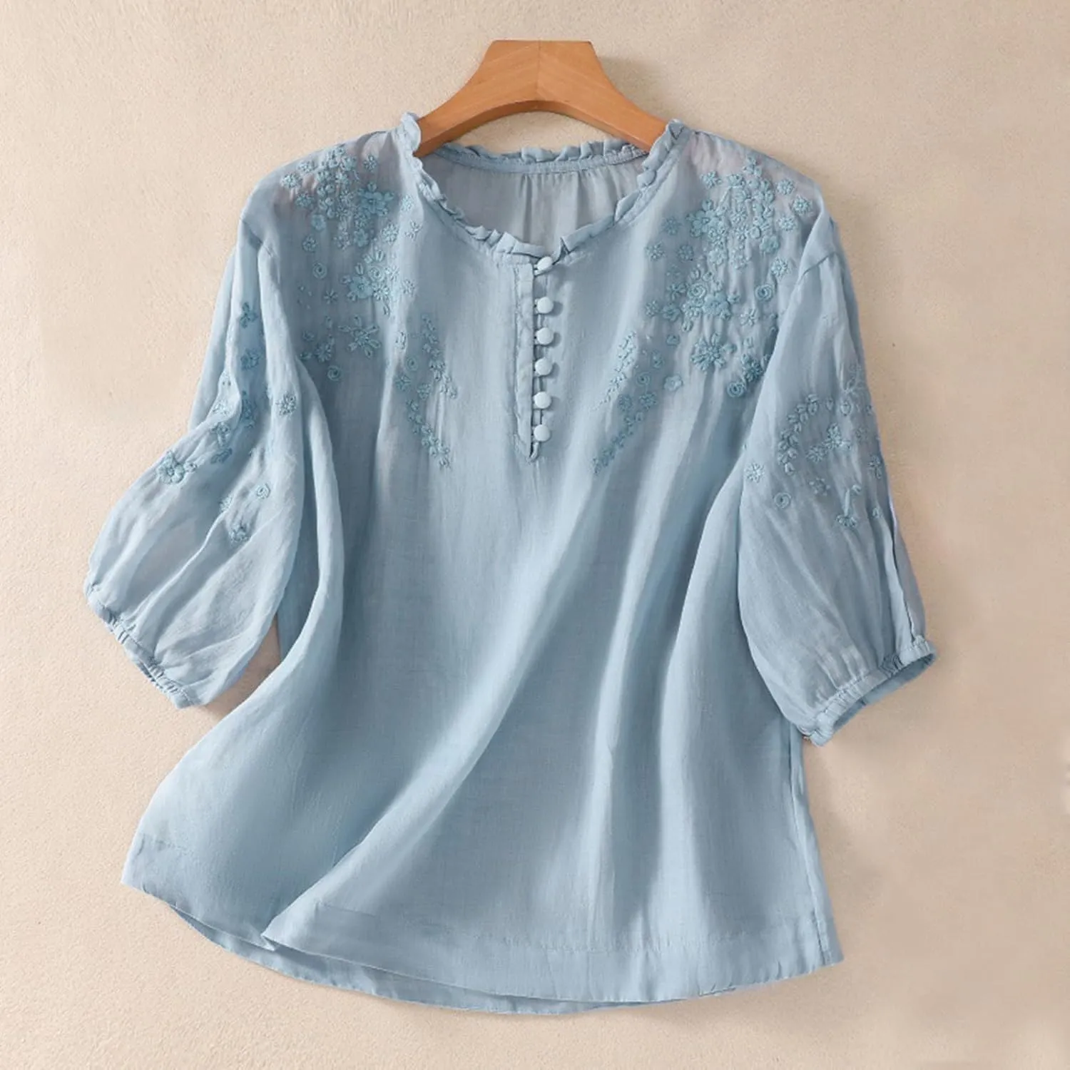 Linen Tops for Women Embroidered Graphic Print T-Shirt Solid Color Short Sleeve Summer Tops Crew Neck Button up Shirt