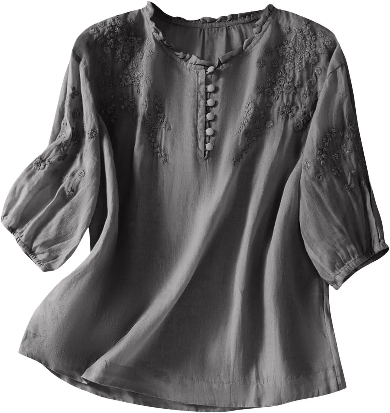Linen Tops for Women Embroidered Graphic Print T-Shirt Solid Color Short Sleeve Summer Tops Crew Neck Button up Shirt