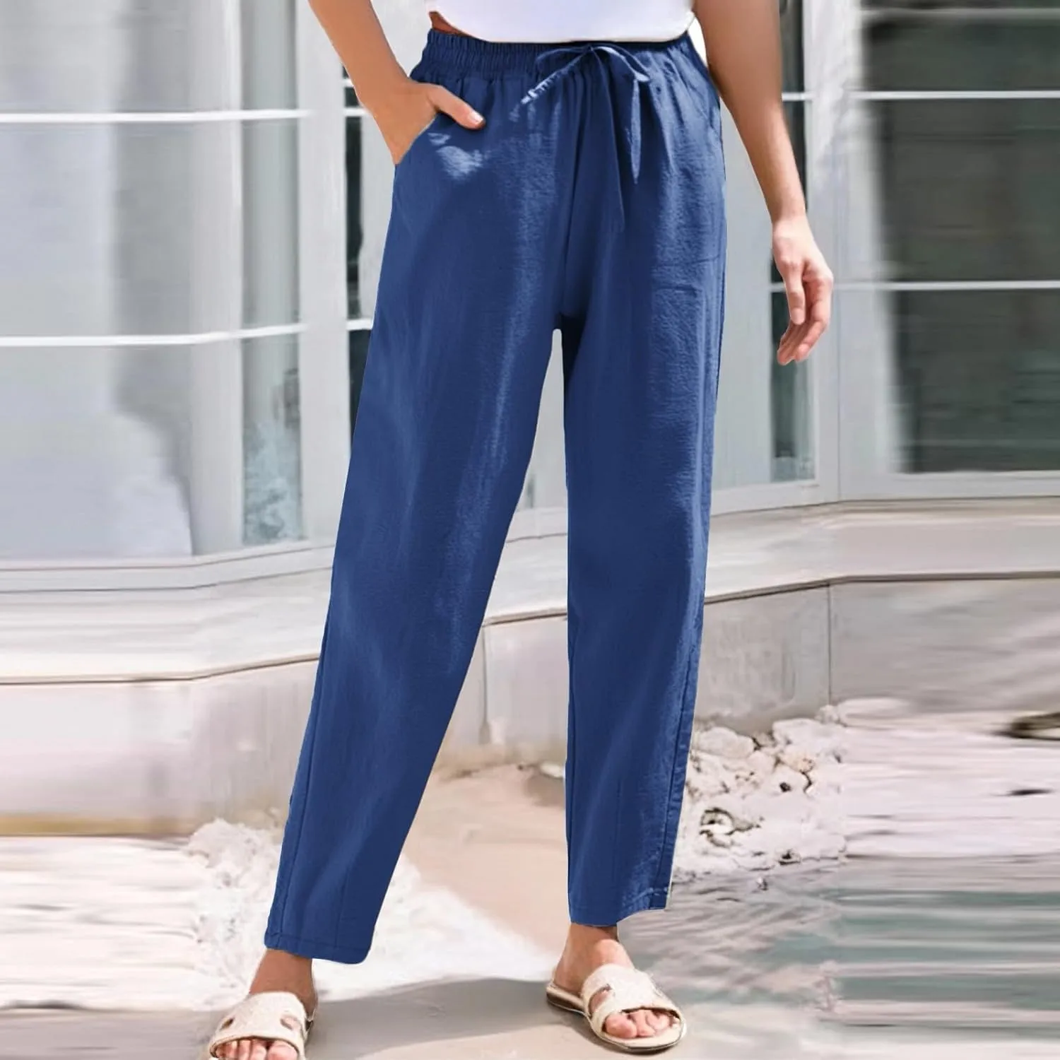 Linen Wide Leg Pants for Women Drawstring Casual Pants Straight Leg Linen