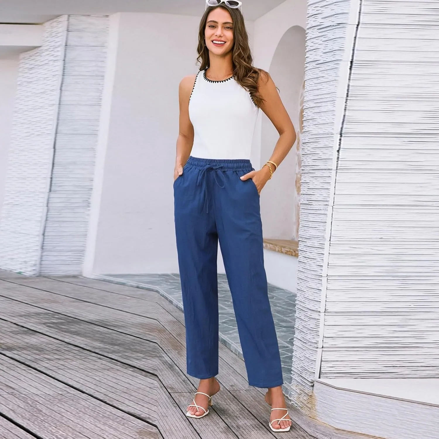 Linen Wide Leg Pants for Women Drawstring Casual Pants Straight Leg Linen