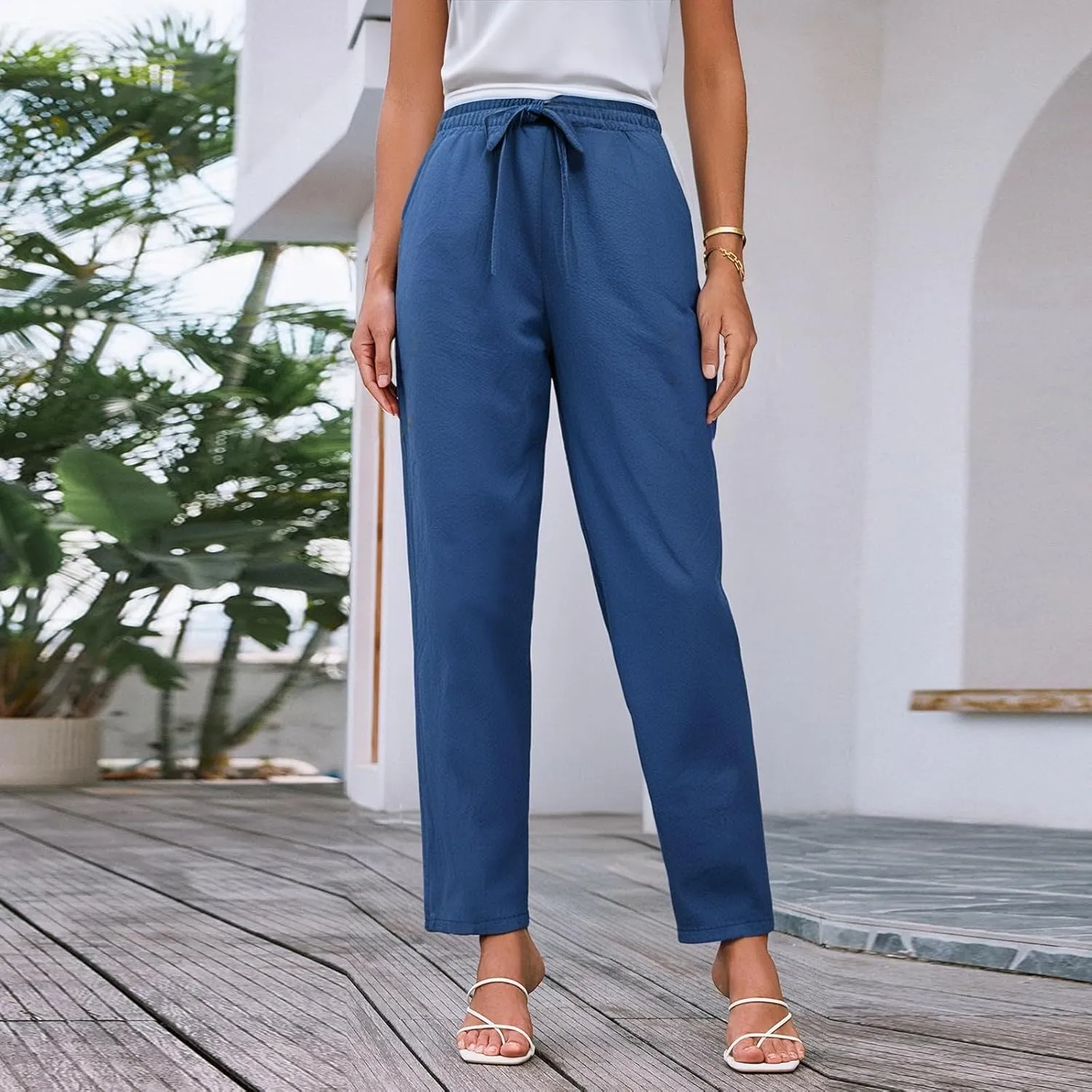 Linen Wide Leg Pants for Women Drawstring Casual Pants Straight Leg Linen