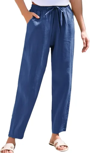 Linen Wide Leg Pants for Women Drawstring Casual Pants Straight Leg Linen