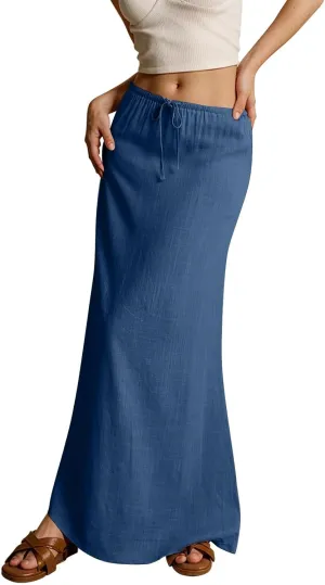 Long Skirts for Women,2025 Summer Trendy Drawstring Waist Linen Maxi Skirts,Casual Comfy Flowy Vacation Boho Skirts