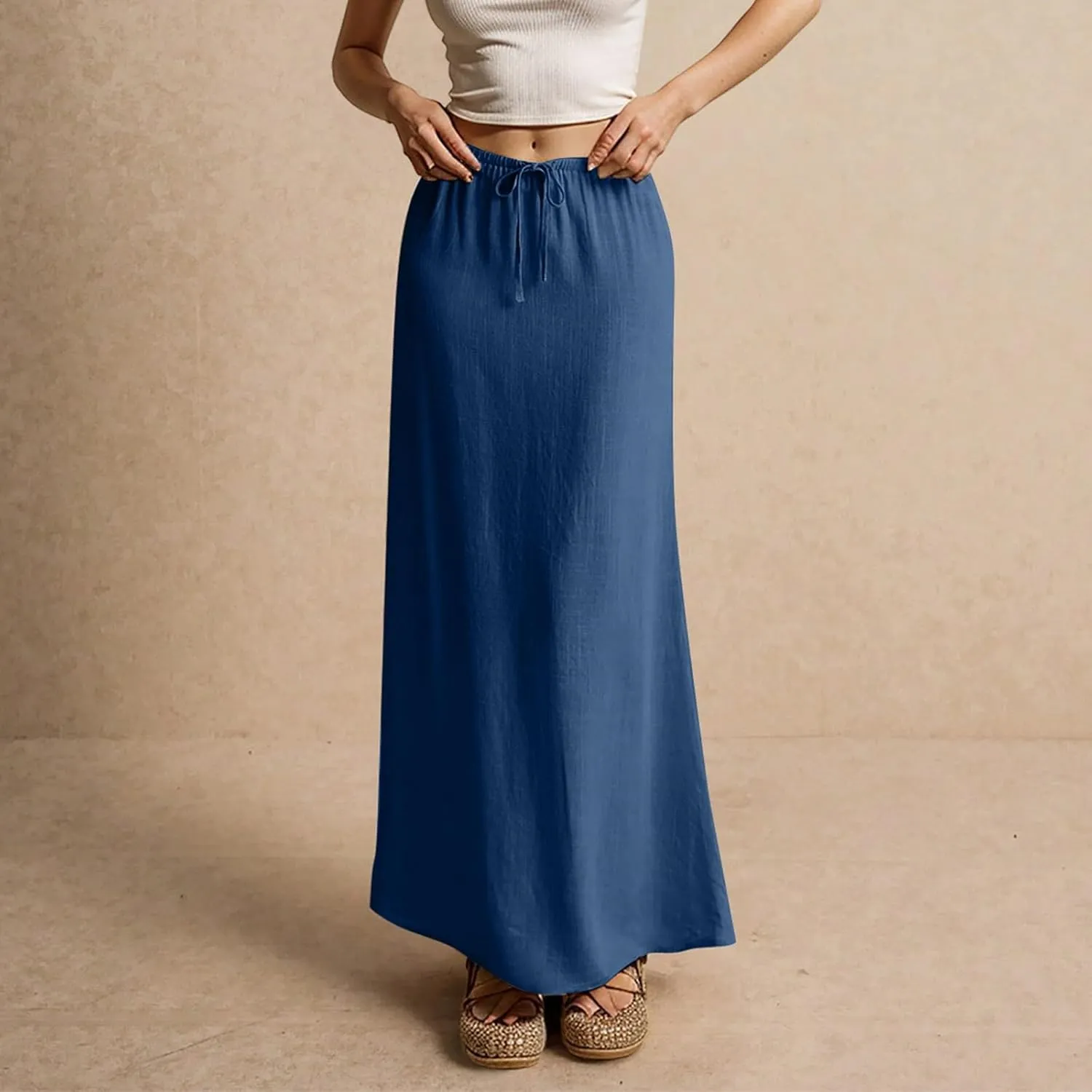 Long Skirts for Women,2025 Summer Trendy Drawstring Waist Linen Maxi Skirts,Casual Comfy Flowy Vacation Boho Skirts