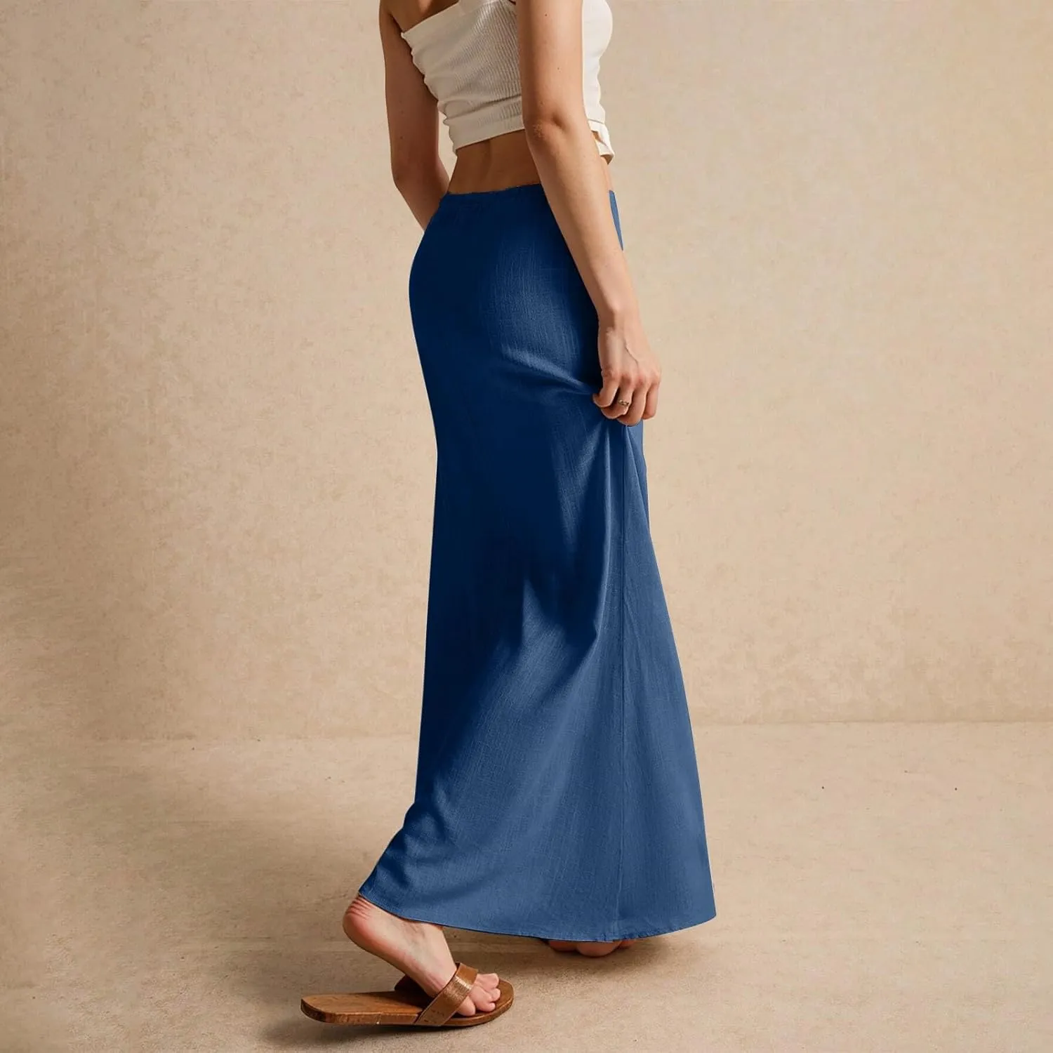 Long Skirts for Women,2025 Summer Trendy Drawstring Waist Linen Maxi Skirts,Casual Comfy Flowy Vacation Boho Skirts