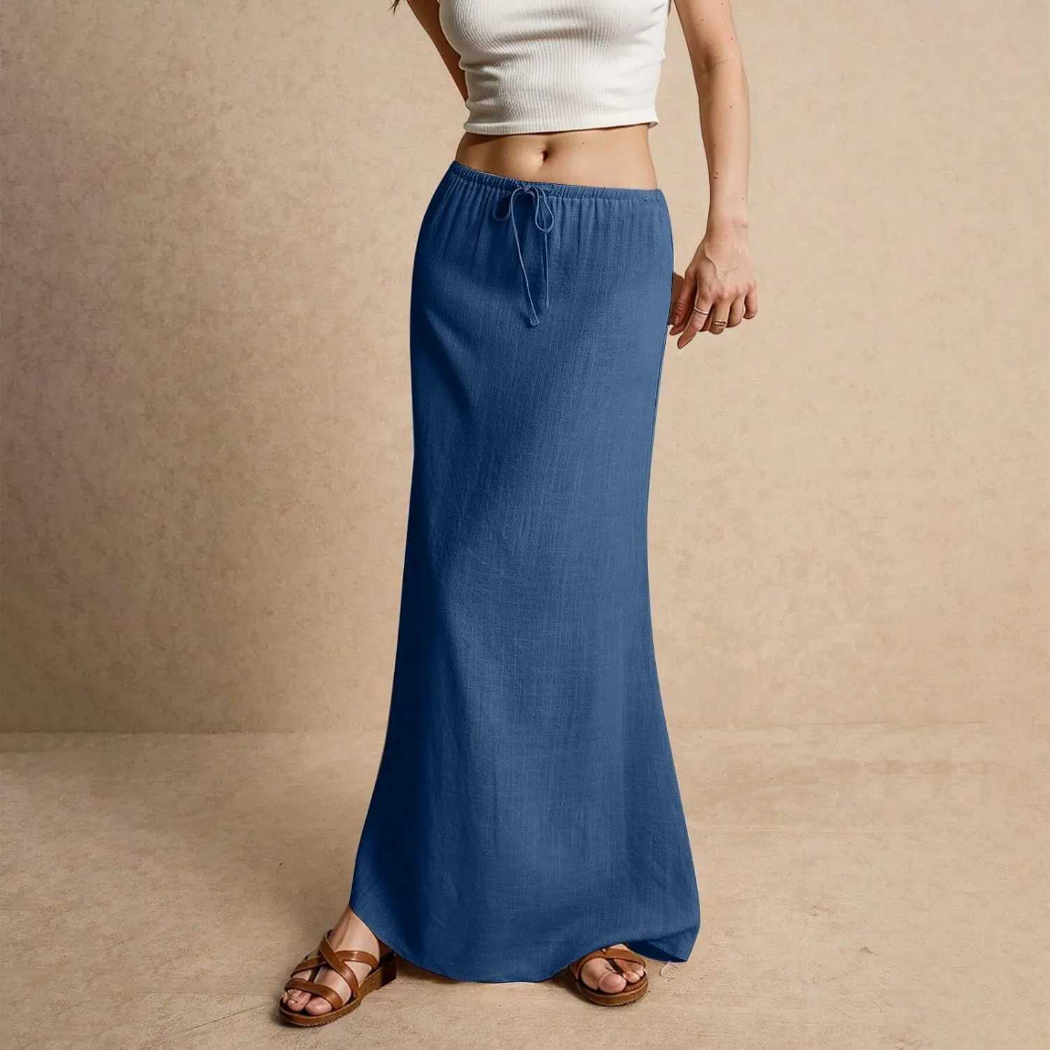 Long Skirts for Women,2025 Summer Trendy Drawstring Waist Linen Maxi Skirts,Casual Comfy Flowy Vacation Boho Skirts