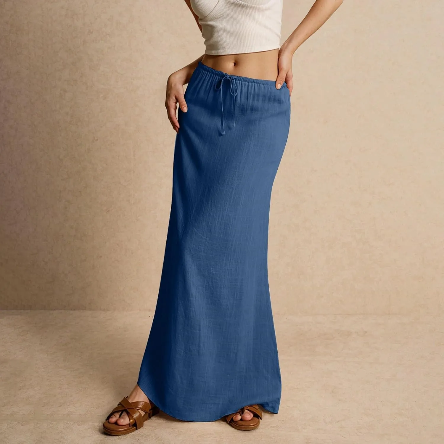 Long Skirts for Women,2025 Summer Trendy Drawstring Waist Linen Maxi Skirts,Casual Comfy Flowy Vacation Boho Skirts
