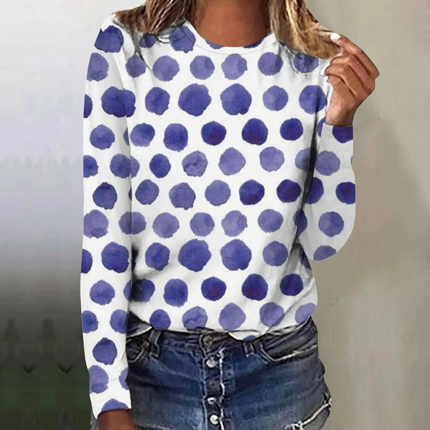 Long Sleeve Shirts for Women Crew-Neck Delicate Print Casual Tops