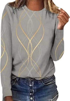 Long Sleeve Shirts for Women Crew-Neck Delicate Print Casual Tops