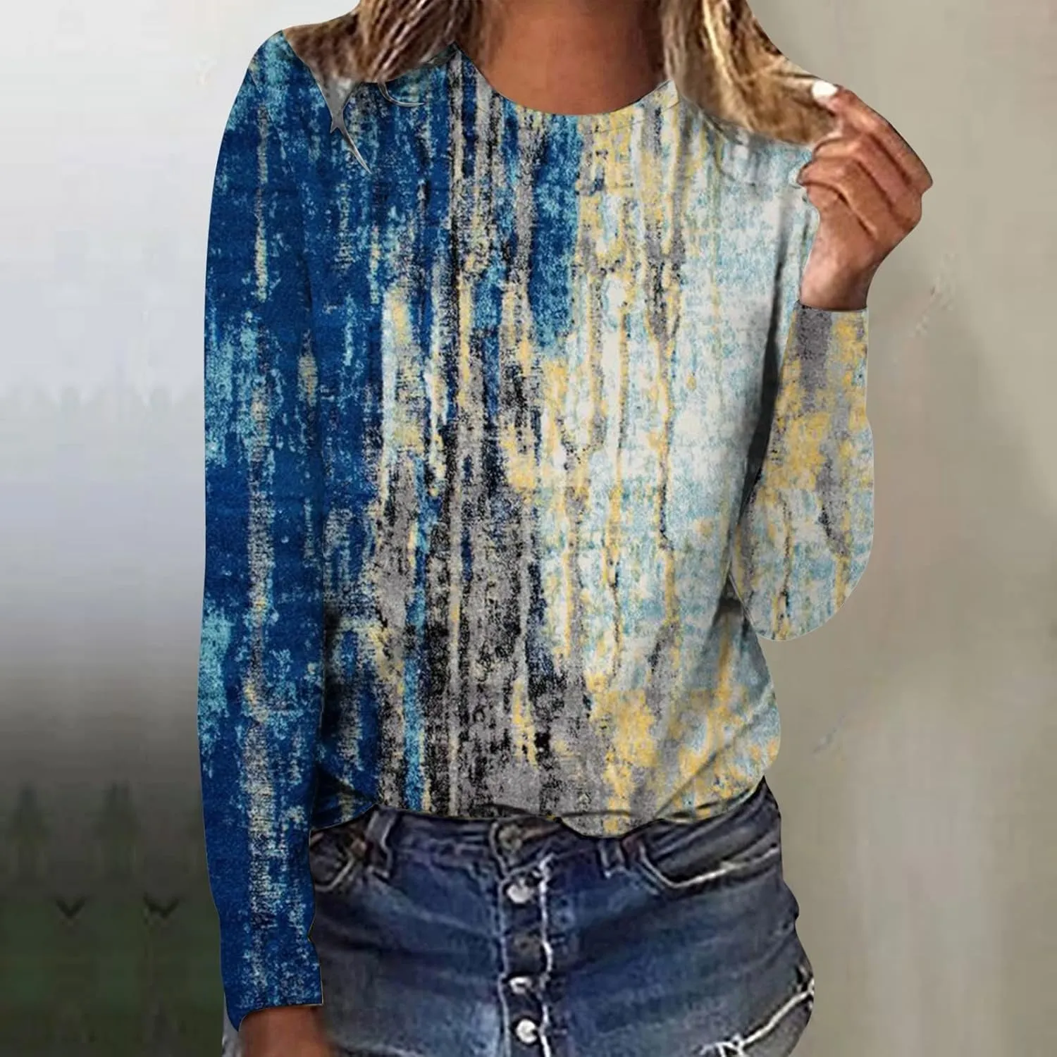 Long Sleeve Shirts for Women Crew-Neck Delicate Print Casual Tops