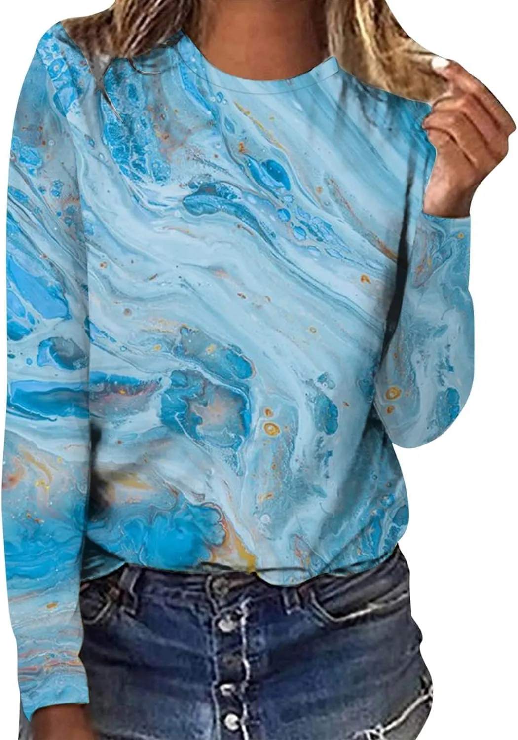 Long Sleeve Shirts for Women Crew-Neck Delicate Print Casual Tops