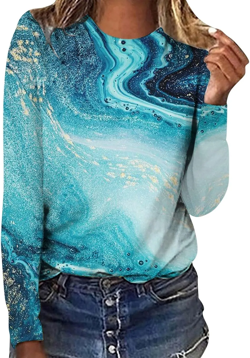 Long Sleeve Shirts for Women Crew-Neck Delicate Print Casual Tops