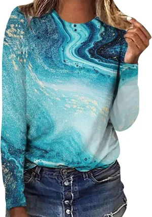 Long Sleeve Shirts for Women Crew-Neck Delicate Print Casual Tops