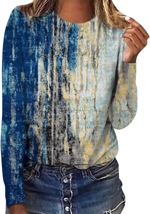 Long Sleeve Shirts for Women Crew-Neck Delicate Print Casual Tops