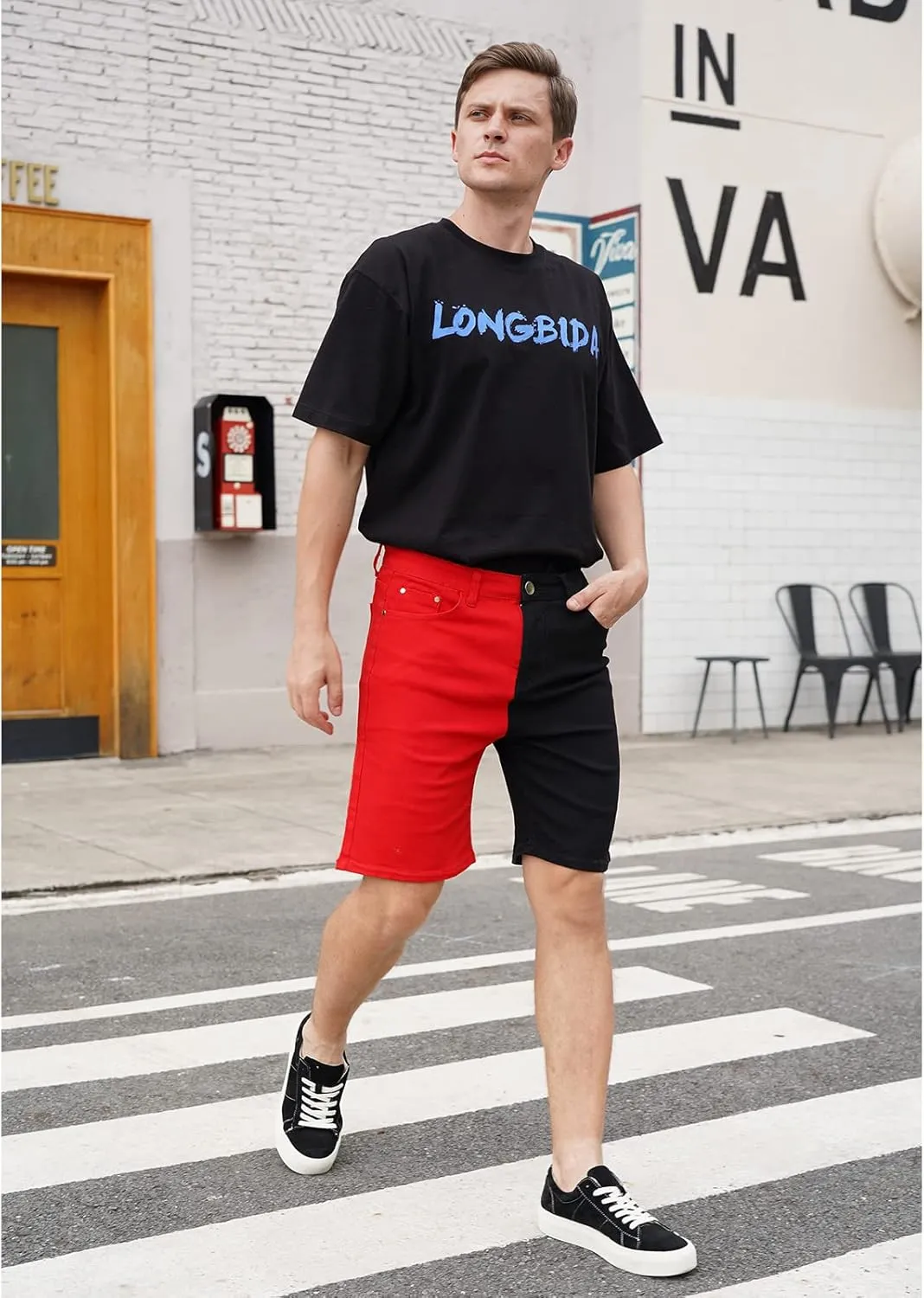 LONGBIDA Men's Denim Shorts Stretchy Two-Tone Slim Fit Jeans Short 2025 Casual Summer Fashion Short Pants with Pockets