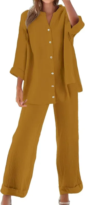 Lounge Sets for Women - Cotton Linen Pants Sets Summer Oversized Long Sleeve Button Shirt Casual Outfits Comfy Suit