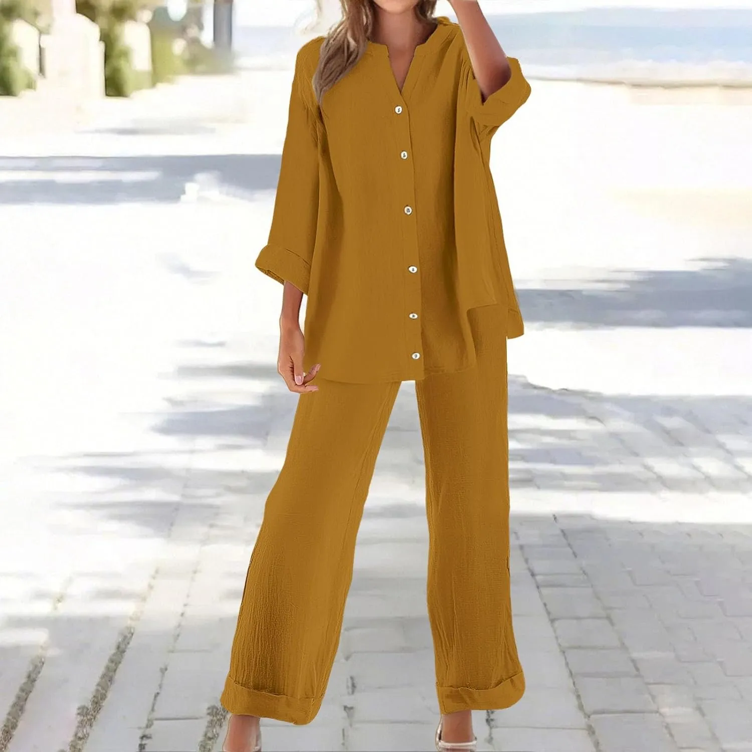 Lounge Sets for Women - Cotton Linen Pants Sets Summer Oversized Long Sleeve Button Shirt Casual Outfits Comfy Suit