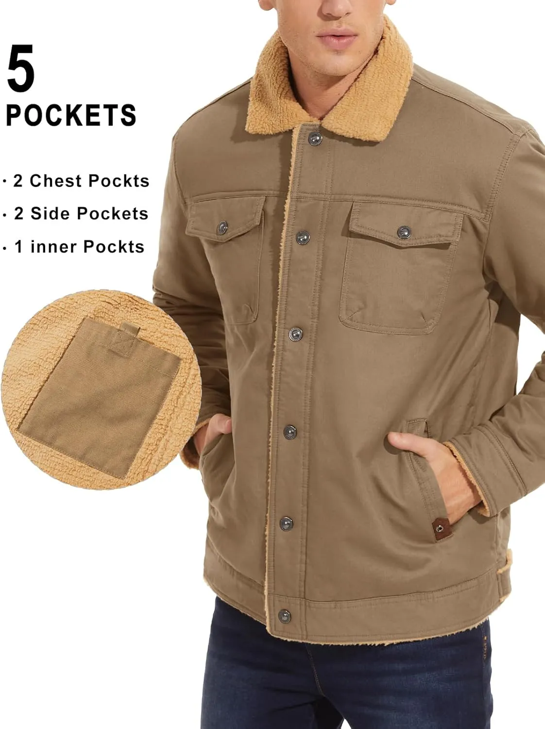 MAGNIVIT Men's Cotton Cargo Jacket Winter Sherpa Fleece Lined Work Jacket Coats with 5 Pockets