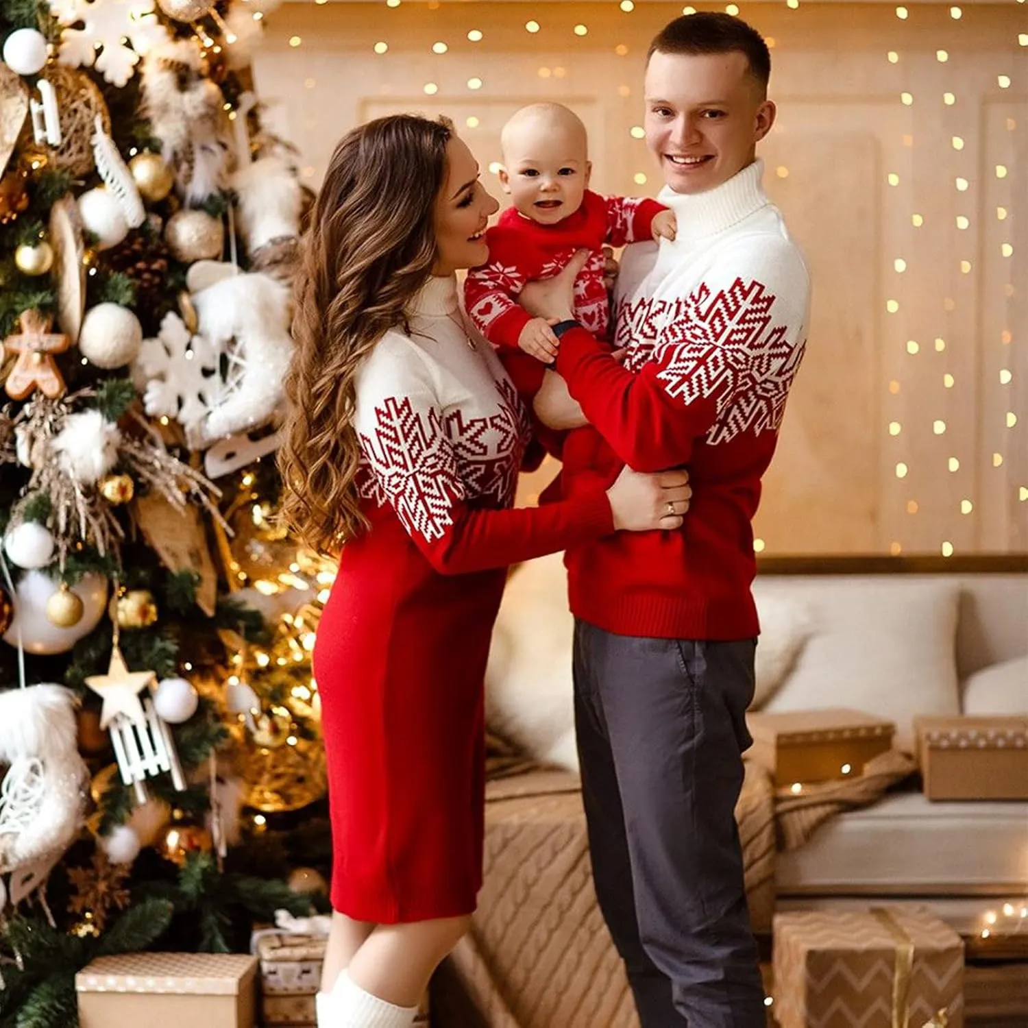 Matching Family Christmas Sweaters Turtleneck Reindeer Snowflakes Ugly Knit Sweater Pullovers for Holiday Party