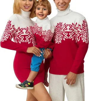 Matching Family Christmas Sweaters Turtleneck Reindeer Snowflakes Ugly Knit Sweater Pullovers for Holiday Party