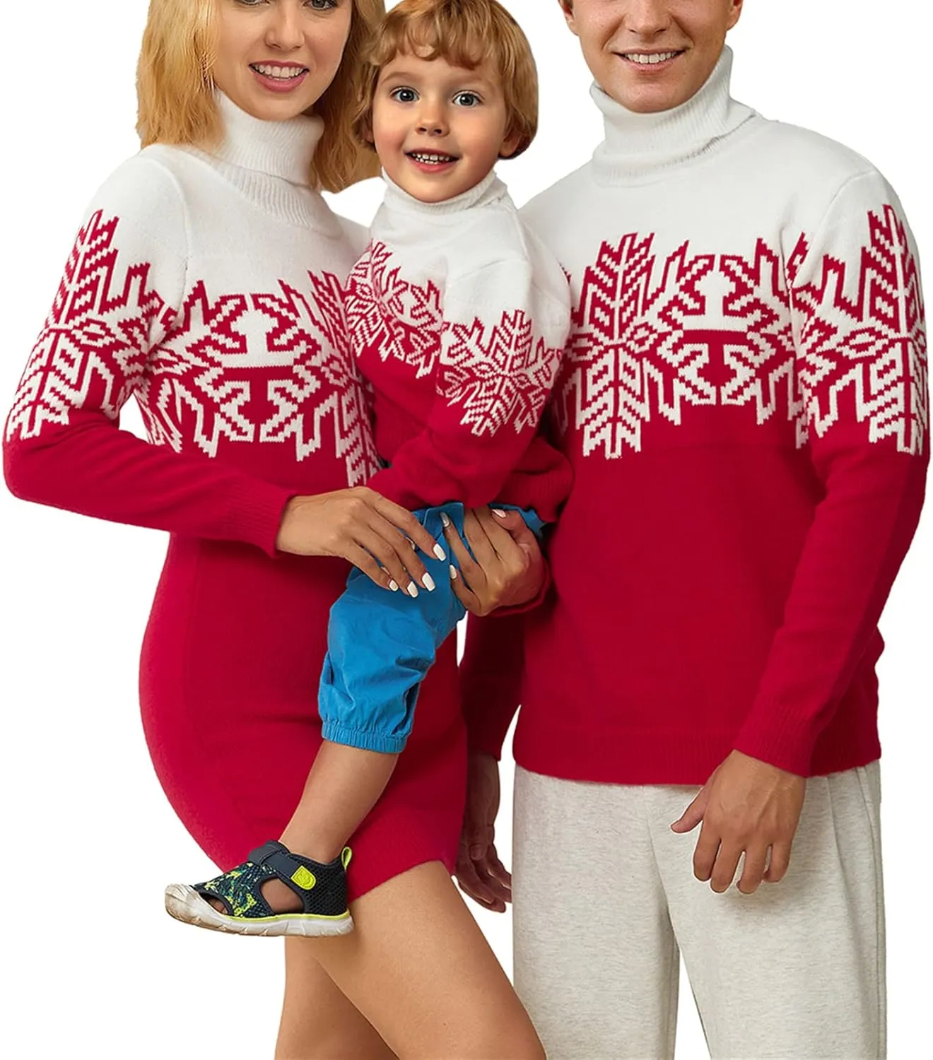 Matching Family Christmas Sweaters Turtleneck Reindeer Snowflakes Ugly Knit Sweater Pullovers for Holiday Party