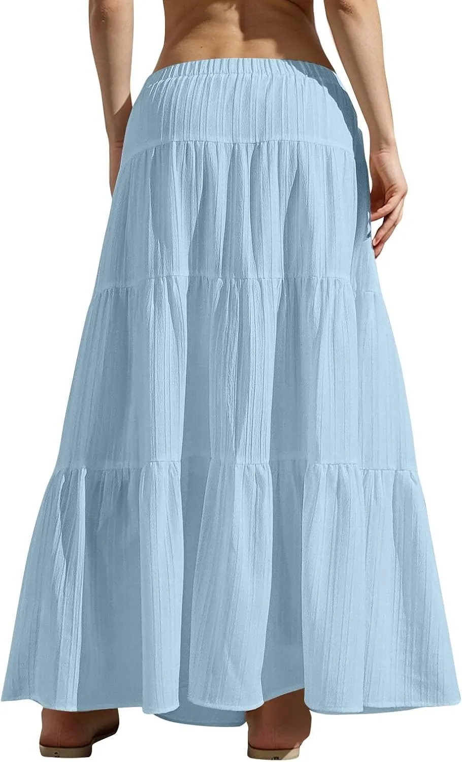 Maxi Skirts for Women Beach Boho Tiered Flowy Swing Midi Skirt Elastic Drawstring Waist Layered Pleated Long Skirt