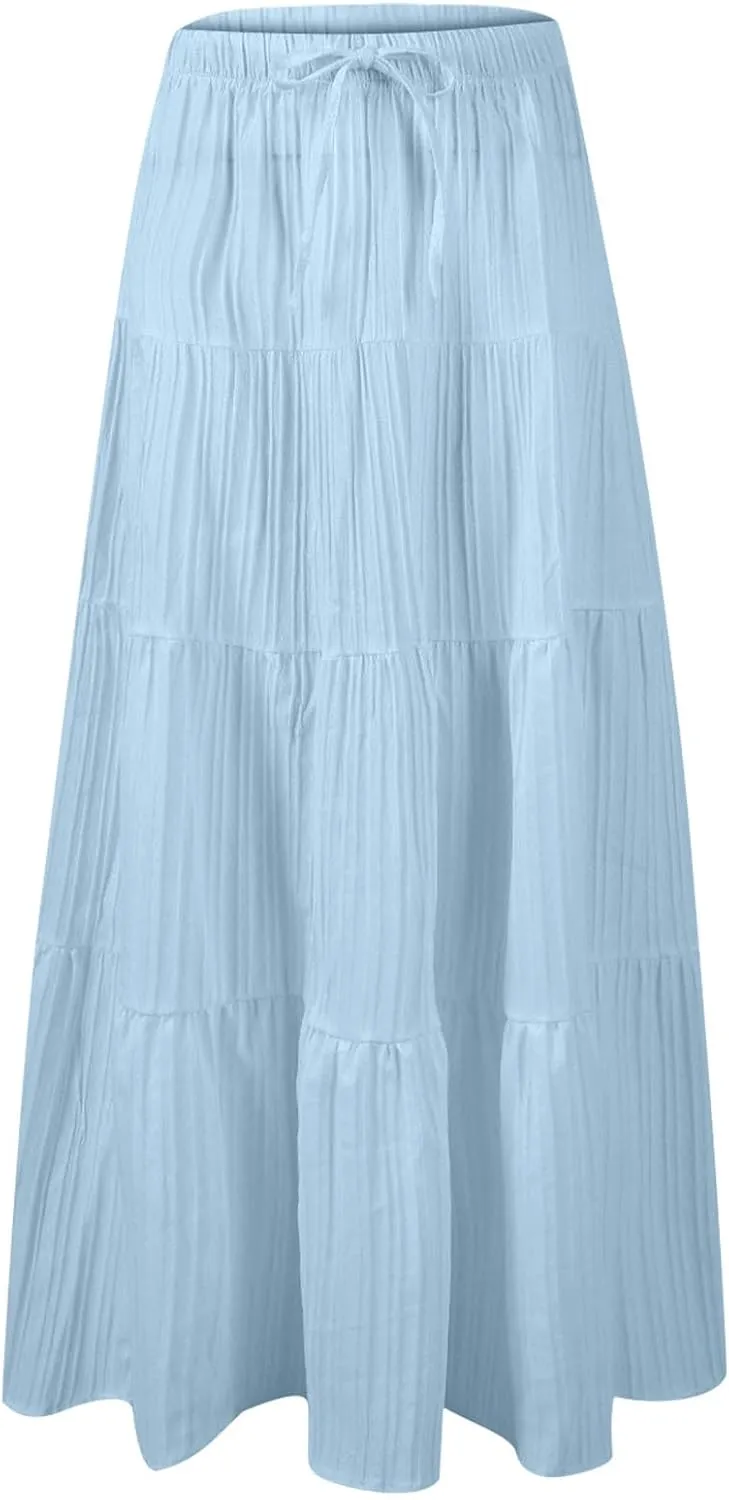 Maxi Skirts for Women Beach Boho Tiered Flowy Swing Midi Skirt Elastic Drawstring Waist Layered Pleated Long Skirt