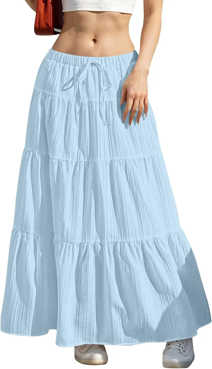 Maxi Skirts for Women Beach Boho Tiered Flowy Swing Midi Skirt Elastic Drawstring Waist Layered Pleated Long Skirt